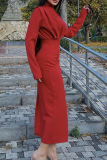Red Casual Solid Patchwork Half A Turtleneck Pencil Skirt Dresses