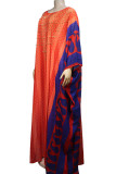 Red Elegant Print Split Joint Beading Hot Drill O Neck Straight Plus Size Dresses