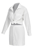 White Fashion Sexy Solid Basic Turndown Collar Long Sleeve Two Pieces