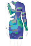 Colour Sexy Print Patchwork O Neck Pencil Skirt Dresses