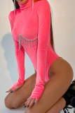 Rose Red Sexy Patchwork Rhinestone Half A Turtleneck Skinny Bodysuits