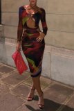 Colour Sexy Print Patchwork O Neck Pencil Skirt Dresses