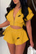 Yellow Fashion Sportswear Print Patchwork Hooded Collar Short Sleeve Two Pieces