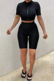 Black Casual Sportswear Solid Basic Turtleneck Short Sleeve Two Pieces
