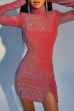 Red Sexy Print Patchwork Turtleneck Pencil Skirt Dresses