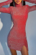 Red Sexy Print Patchwork Turtleneck Pencil Skirt Dresses