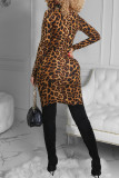 Brown Fashion Sexy Print Basic Turtleneck Printed Dress