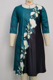 Green Casual Print Patchwork O Neck A Line Plus Size Dresses