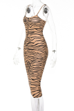 Brownness Sexy Animal Print Split Joint Spaghetti Strap Pencil Skirt Dresses