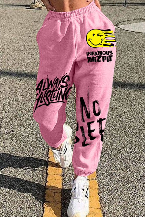 Pink Casual Street Print Patchwork Straight High Waist Straight Positioning Print Bottoms