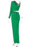 Green Sexy Solid High Opening One Shoulder Irregular Dress Dresses