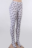 White Fashion Casual Print Basic Skinny High Waist Pencil Trousers