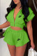 Green Fashion Sportswear Print Patchwork Hooded Collar Short Sleeve Two Pieces