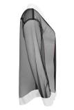 Black Casual Solid Patchwork Buckle See-through Turndown Collar Tops