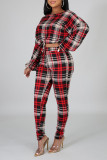 Rose Red Casual Print Patchwork Draw String O Neck Long Sleeve Two Pieces