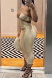 Champagne Sexy Party Bandage Hollowed Out O Neck Sheath Dresses