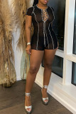 Black Fashion Sexy Hot Drilling Sequins V Neck Regular Rompers