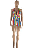 Colour Fashion Sexy Striped Print Bandage Backless V Neck Skinny Romper