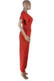 Red Fashion Casual Solid Draw String V Neck Regular Jumpsuits