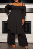 Black Fashion Casual Solid Backless Asymmetrical Off the Shoulder Plus Size Two Pieces