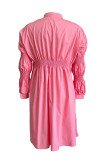 Pink Casual Solid Patchwork Buckle Fold Mandarin Collar Shirt Dress Dresses