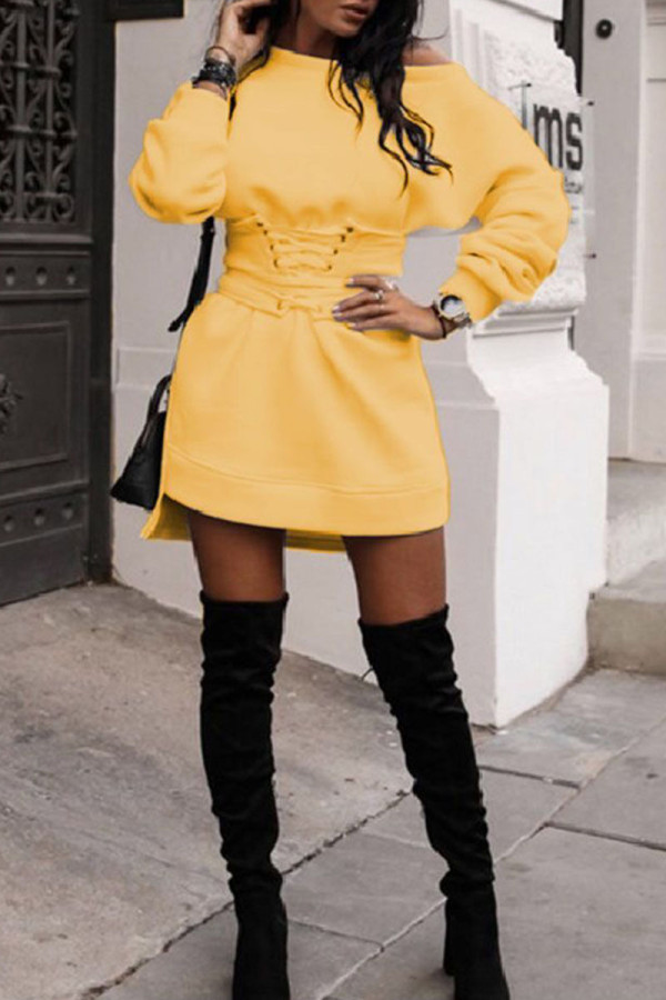 Yellow Casual Solid Patchwork Frenulum Asymmetrical O Neck Irregular Dress Dresses