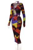 Colour Sexy Print Patchwork O Neck Pencil Skirt Dresses