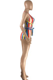 Colour Fashion Sexy Striped Print Bandage Backless V Neck Skinny Romper