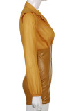 Khaki Fashion Casual Solid Patchwork Turndown Collar Skinny Romper