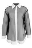 Black Casual Solid Patchwork Buckle See-through Turndown Collar Tops