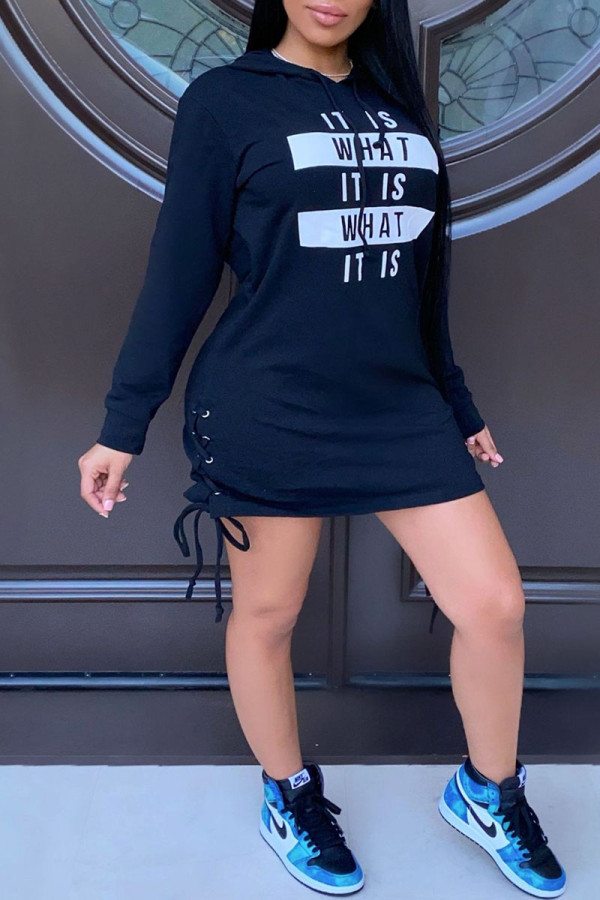 Black Casual Letter Print Patchwork Draw String Hooded Collar Straight Dresses