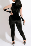Blue Fashion Sexy Patchwork Hot Drilling See-through Half A Turtleneck Skinny Jumpsuits