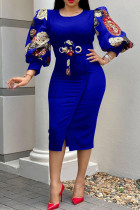 Royal Blue Casual Print Split Joint O Neck One Step Skirt Dresses