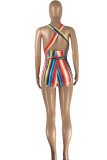 Colour Fashion Sexy Striped Print Bandage Backless V Neck Skinny Romper