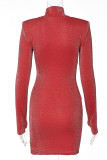 Red Sexy Print Patchwork Turtleneck Pencil Skirt Dresses