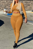 Camel Casual Solid Patchwork O Neck Long Sleeve Two Pieces