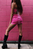 Pink Sexy Solid Split Joint Oblique Collar Sleeveless Two Pieces