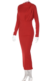 Red Casual Solid Patchwork Half A Turtleneck Pencil Skirt Dresses