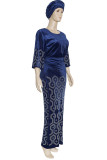 Tibetan Blue Casual Solid Split Joint Hot Drill O Neck Plus Size Two Pieces(Contain The Scarf)