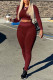 Burgundy Casual Solid Patchwork O Neck Long Sleeve Two Pieces