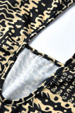 Khaki Fashion Casual Print Hollowed Out Split Joint Turtleneck Regular Jumpsuits