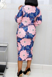 Blue Pink Casual Print Patchwork O Neck One Step Skirt Dresses