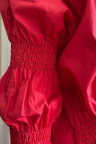 Red Casual Solid Patchwork Buckle Fold Mandarin Collar Shirt Dress Dresses