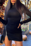 Black Sexy Solid Zipper Half A Turtleneck Pencil Skirt Dresses
