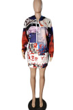 White Casual Print Patchwork Hooded Collar Long Sleeve Dresses