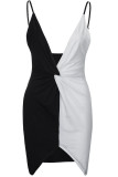 Black Sexy Solid Patchwork Fold Spaghetti Strap One Step Skirt Dresses