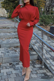 Red Casual Solid Patchwork Half A Turtleneck Pencil Skirt Dresses