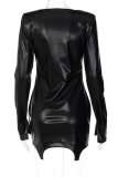 Black Sexy Solid Patchwork U Neck Pencil Skirt Dresses