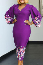Purple Casual Print Split Joint V Neck One Step Skirt Dresses