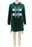 Blue Casual Letter Print Patchwork Draw String Hooded Collar Straight Dresses